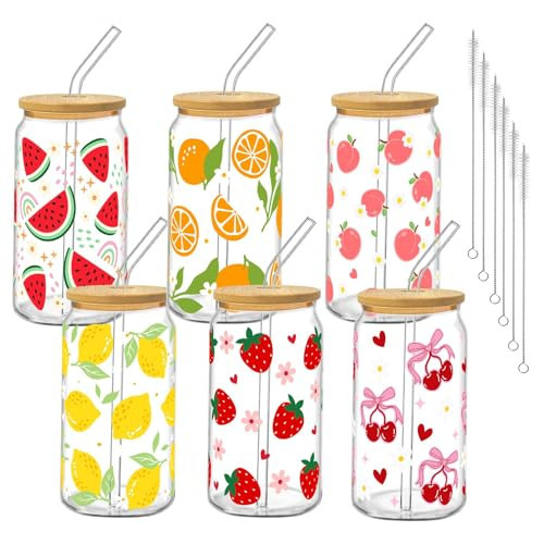 Culudea 6Pcs Fruit Glass Cups with Lids and Straws 16oz Cute Watermelon Strawberry Lemon Cherry Peach Holiday Drinking Glasses Cups Iced Coffee Cup for Women Girls Friend Birthday Party Gifts | Amazon (US)