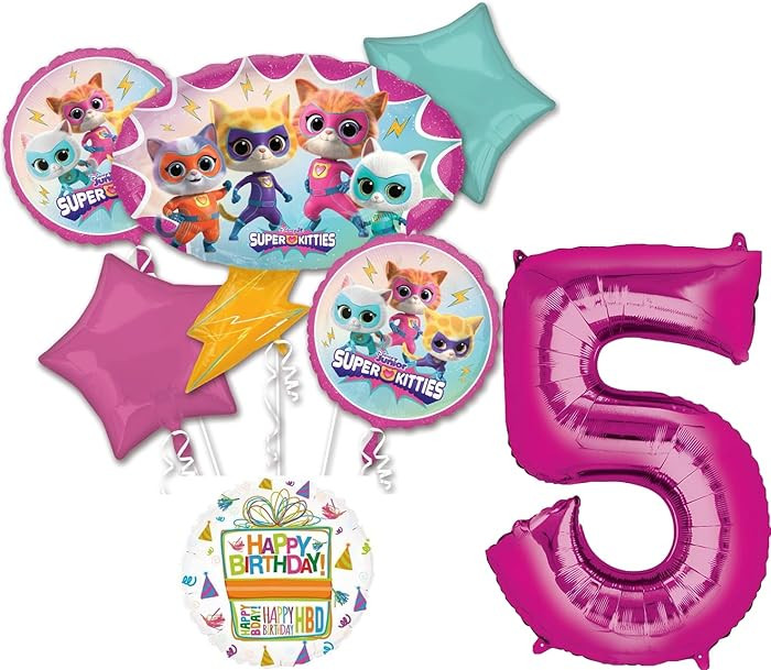 Anagram SuperKitties 5th Birthday Party Supplies 7pc Balloon Bouquet Decorations | Amazon (US)