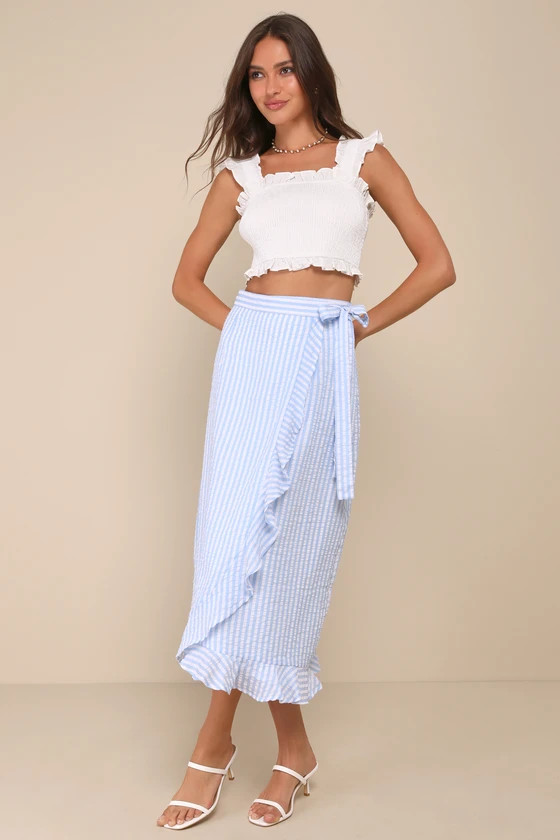 Effortlessly Sunny Blue and White Striped Wrap Midi Skirt | Lulus