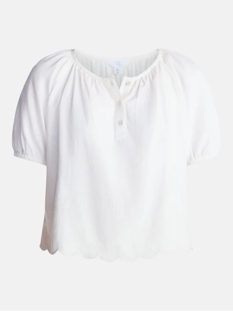 Time and Tru Women's Linen Blend Blouse with Scalloped Hem, Sizes XS-XXXL | Walmart (US)