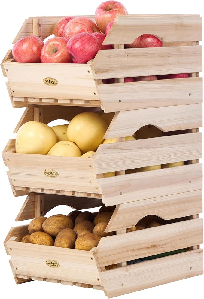 Wood Potato Onion Storage Bins - Wooden Stackable Produce Basket - Fruit Vegetable Storage for Ki... | Amazon (US)