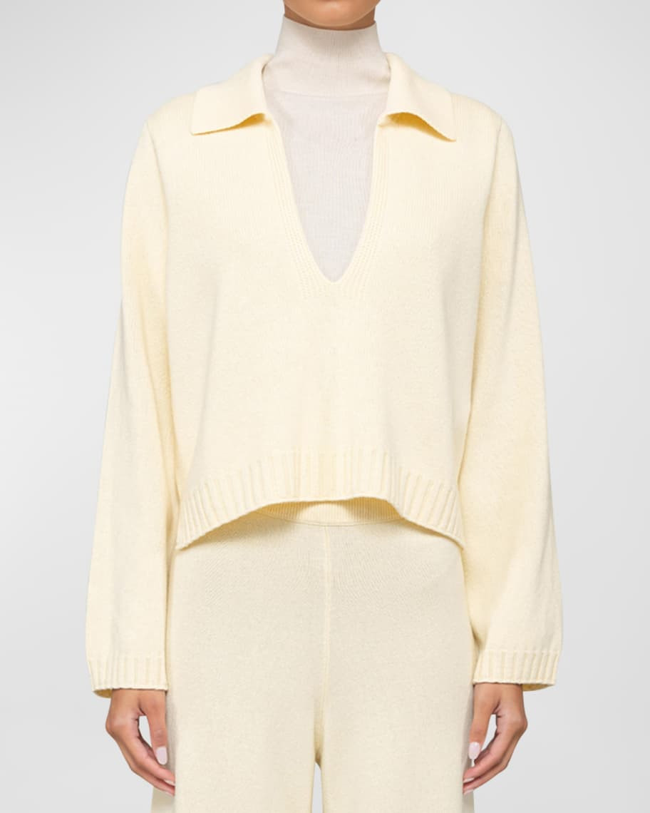Zoe Cropped Cashmere-Blend V-Neck Polo Top | Neiman Marcus