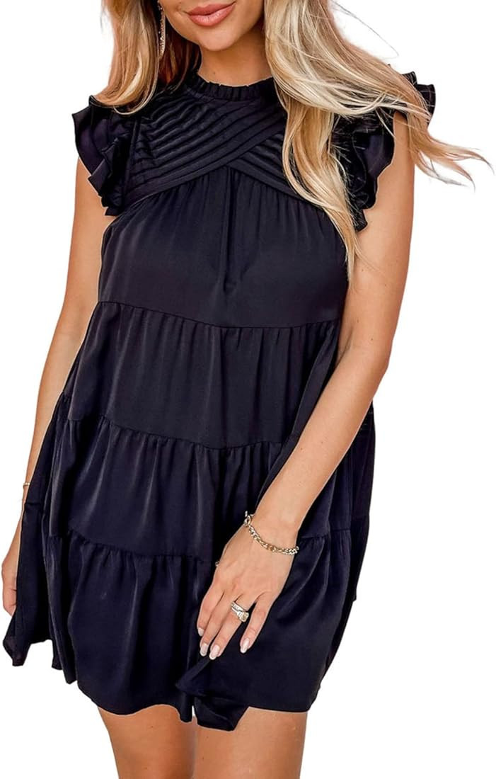 Acelitt Women's 2023 Summer Casual Babydoll Dresses Cap Short Sleeve Ruffle Tiered Mini Dress | Amazon (US)