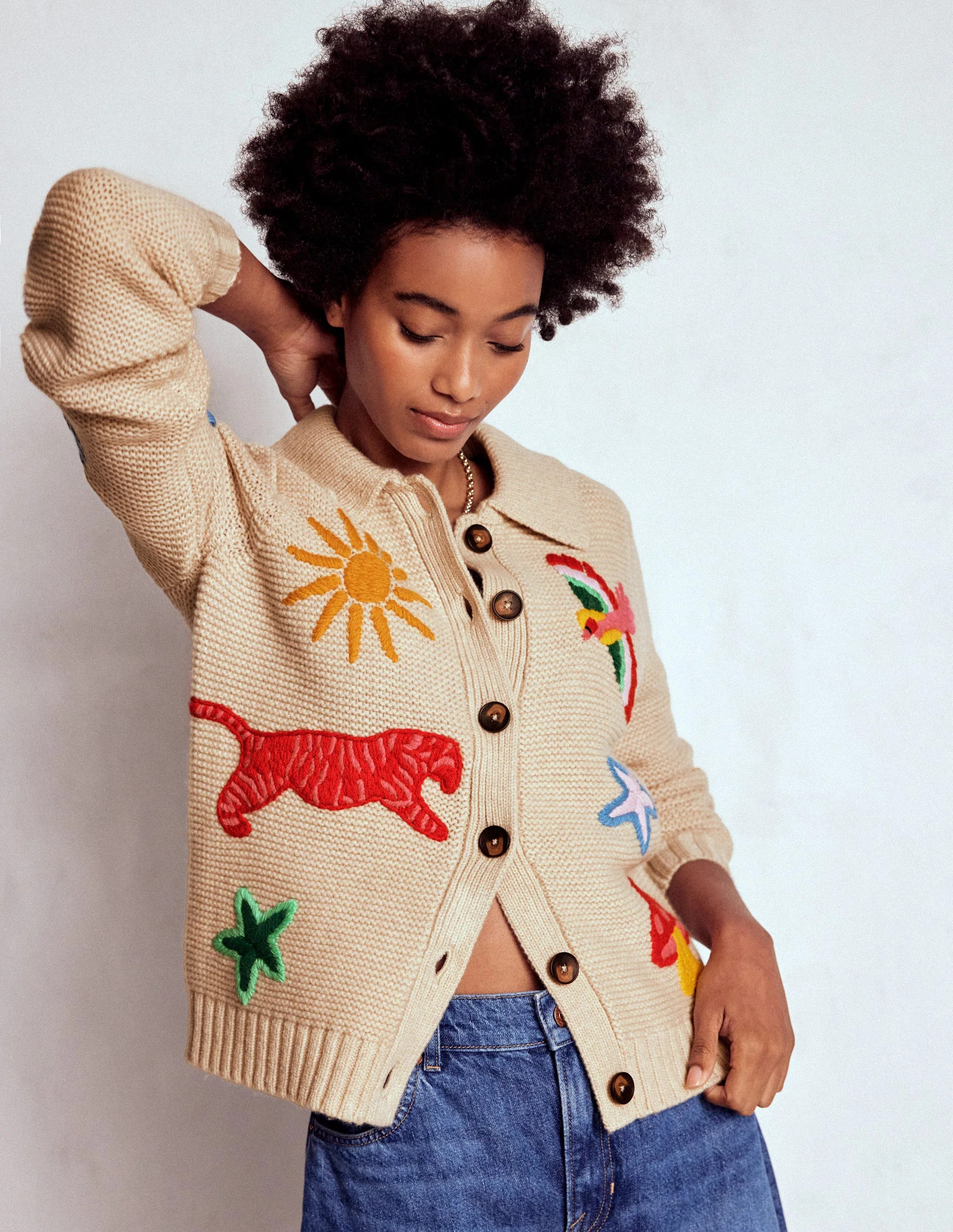 Embroidered Collared Cardigan-Ecru Marl | Boden (US)
