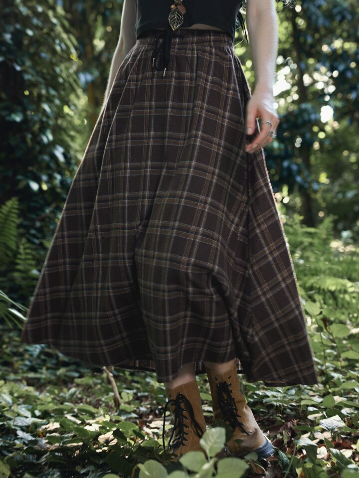 Fairycore Drawstring Waist Tartan Skirt | SHEIN
