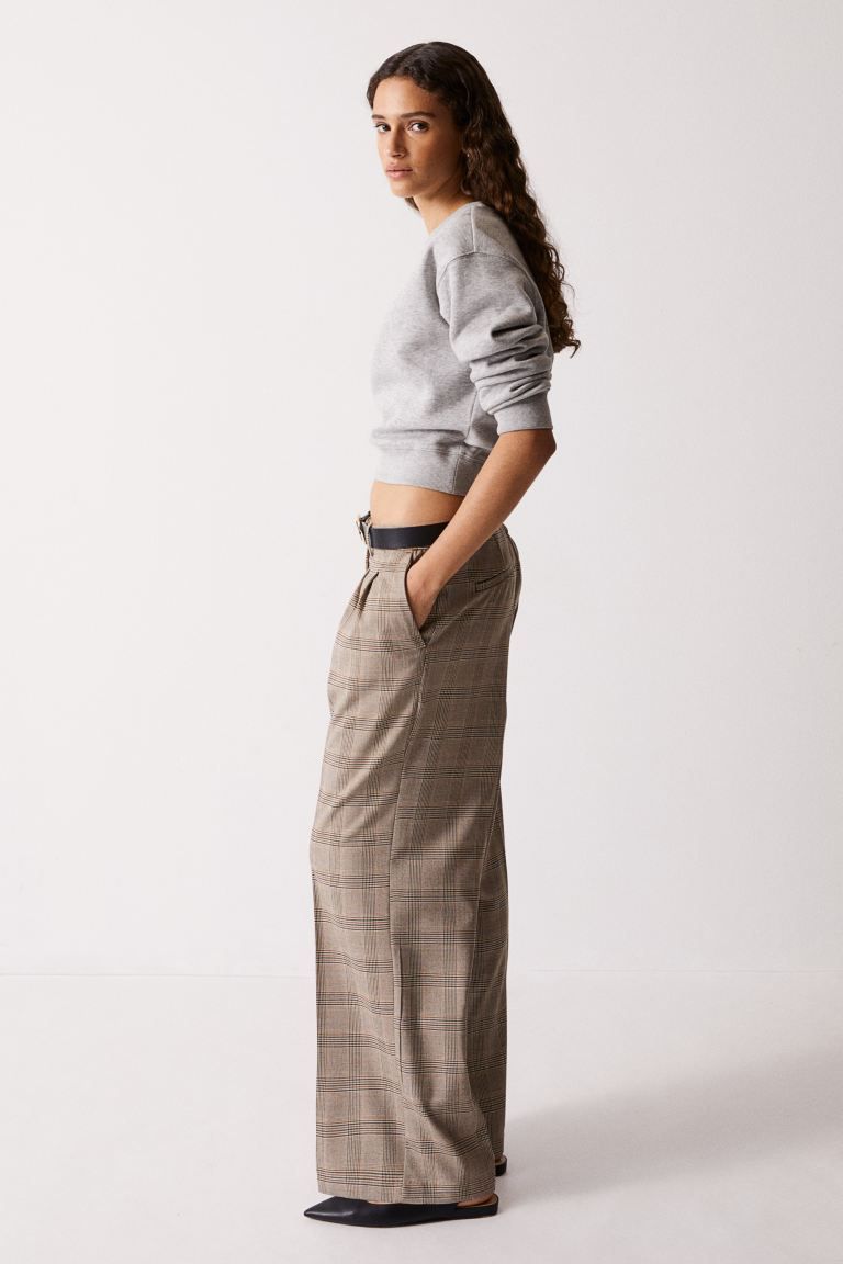 Wide tailored trousers - Beige/Checked - Ladies | H&M GB | H&M (UK, MY, IN, SG, PH, TW, HK)