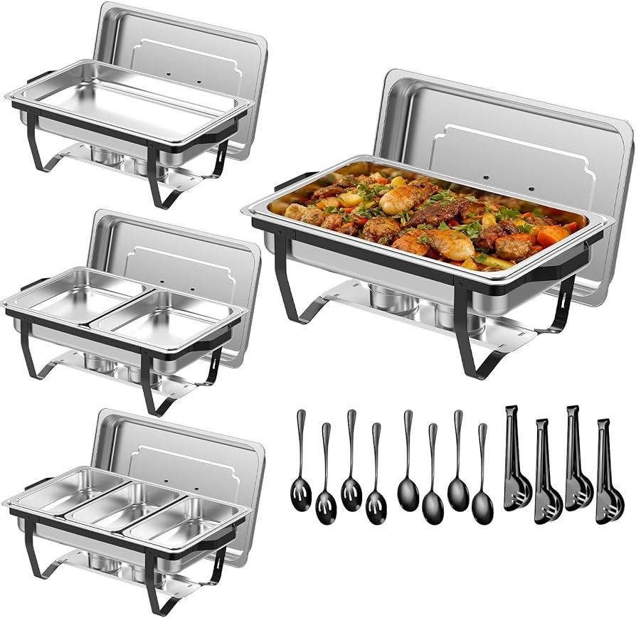 4 Pack 9 Qt Black Chafing Dishes for Buffet Set with 12 Serving Utensils (4 Tongs, 4 Ladles, 4 Sl... | Amazon (US)