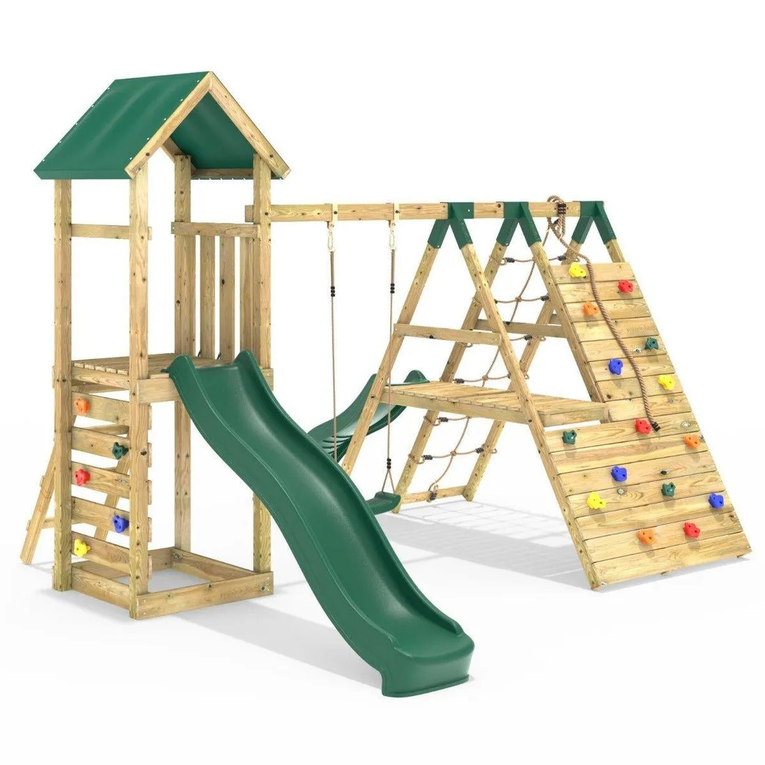 Outdoor Toys | Wooden Climbing Frame with Swings, Climbing Walls and Slide - Alverstone Green | R... | Debenhams UK