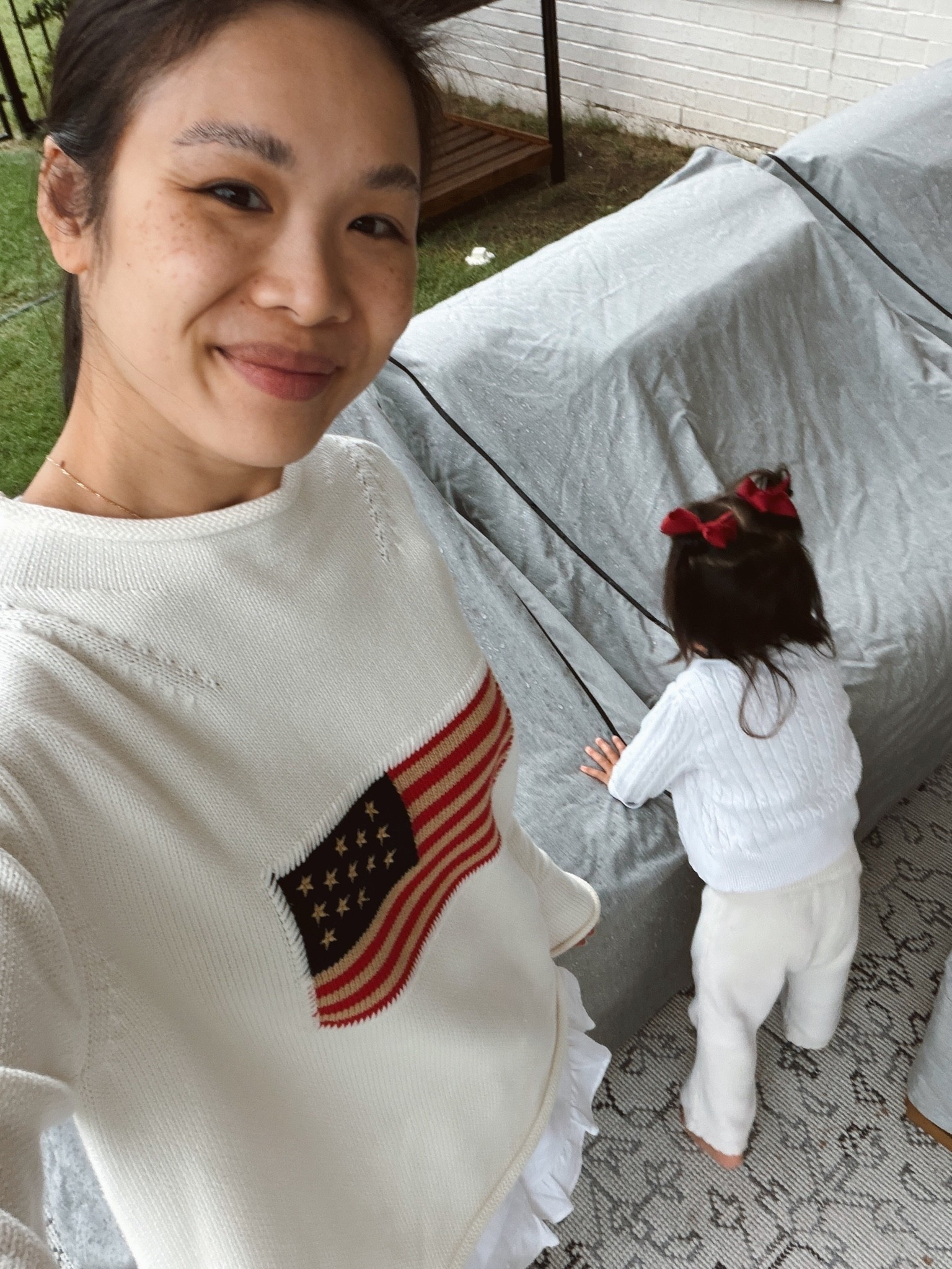 Fourth of July patriotic outfit for Mommy and me. Love this cotton American flag sweater. Em’s outfit is 100% cotton organic cotton.

#LTKmomlife #LTKKids
