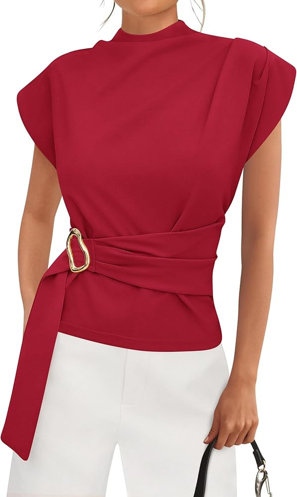 PRETTYGARDEN Women Blouses Spring Dressy Cap Sleeve Mock Neck Work Shirts Buckle Tunic Summer Bus... | Amazon (US)