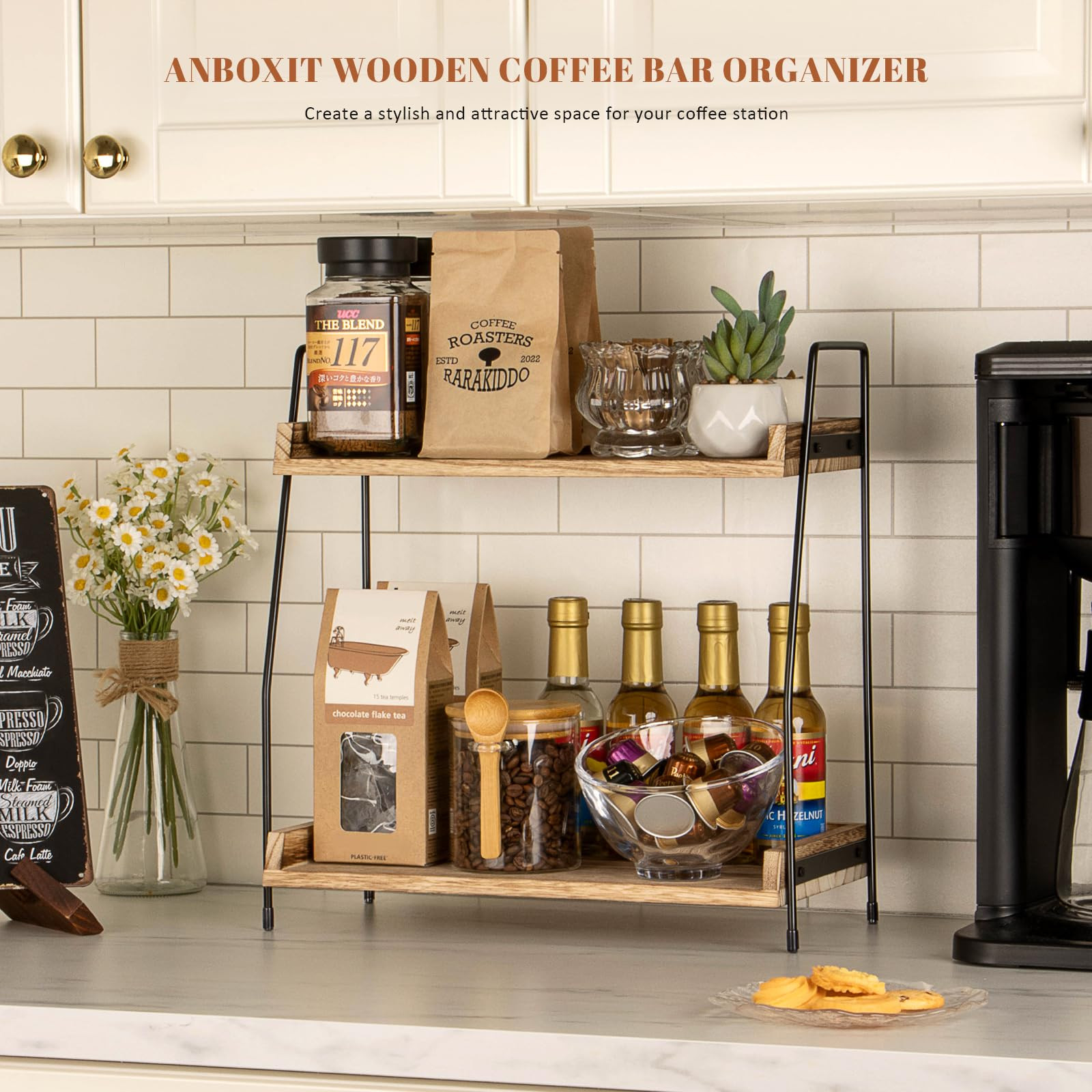 Countertop Coffee Station Organizer, 2 Tier Wooden Shelf for Coffee Bar Accessories, Condiment St... | Amazon (US)