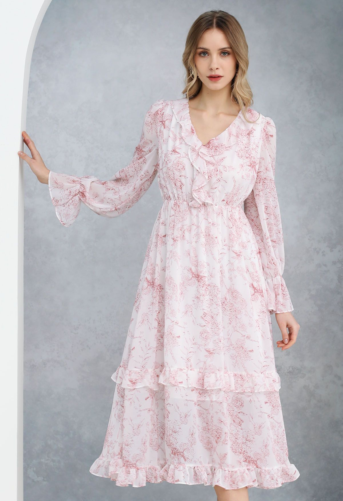 Spring Delight Ruffle Trimmed Chiffon Midi Dress in Pink | Chicwish