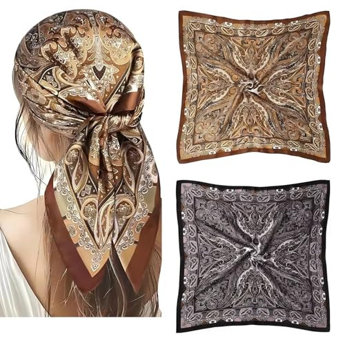 Cmonie 2Pcs Silk Head Scarves for Women,27"&35”Satin Hair Scarf Large Square Bandana Hair Wrapping (A-Black&Caramel, 27") | Amazon (US)