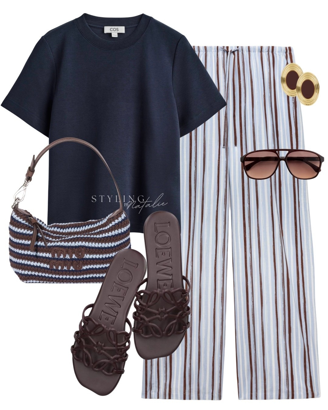 Comfy chic - Blue & brown 🦋🥥 stripes wide leg pull on trousers, clean cut navy t-shirt, Loewe slides, Miu Miu crochet pouch bag and sunglasses. Everyday wear, casual spring look 

#LTKuk #LTKsummer #LTKspring