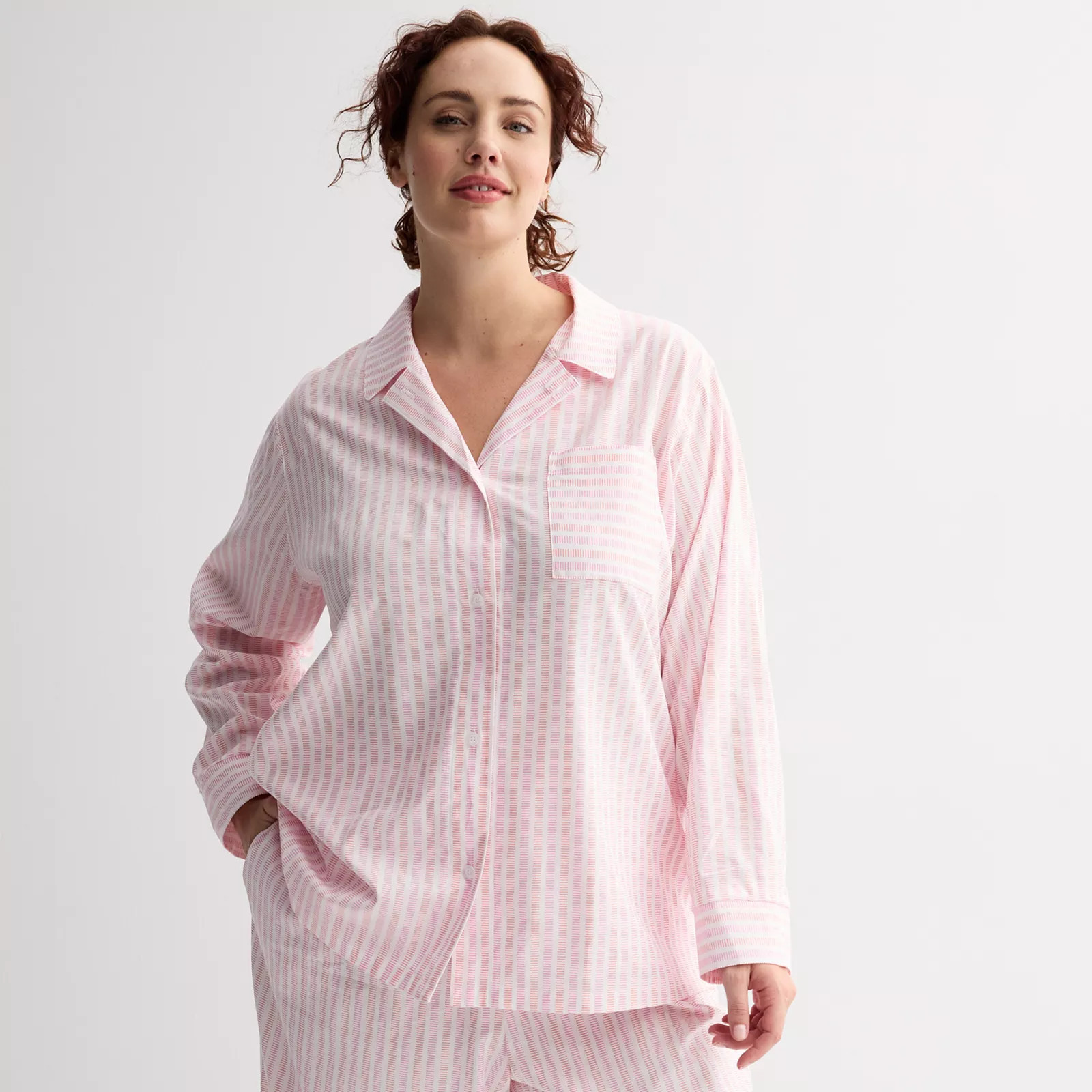 Plus Size Sonoma Goods For Life® Woven Separates Notch Boy Friend Sleep Shirt, Women's, Size: 2XL, Pink Stripe | Kohl's