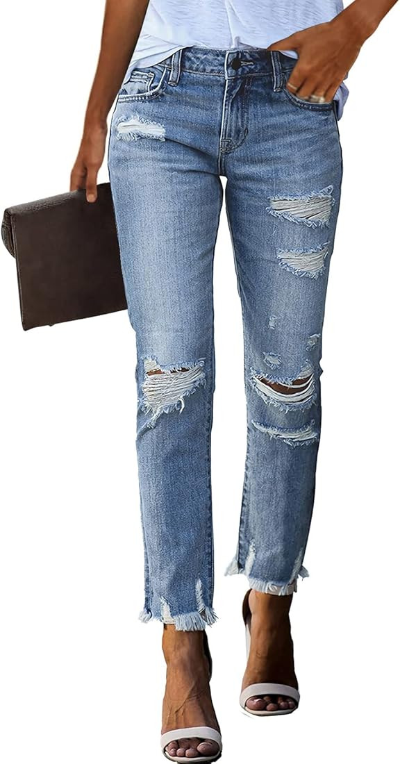 HETIPR Women's Ripped Boyfriend Jeans Mid Rise Loose Fit Distressed Stretchy Denim Pants | Amazon (US)
