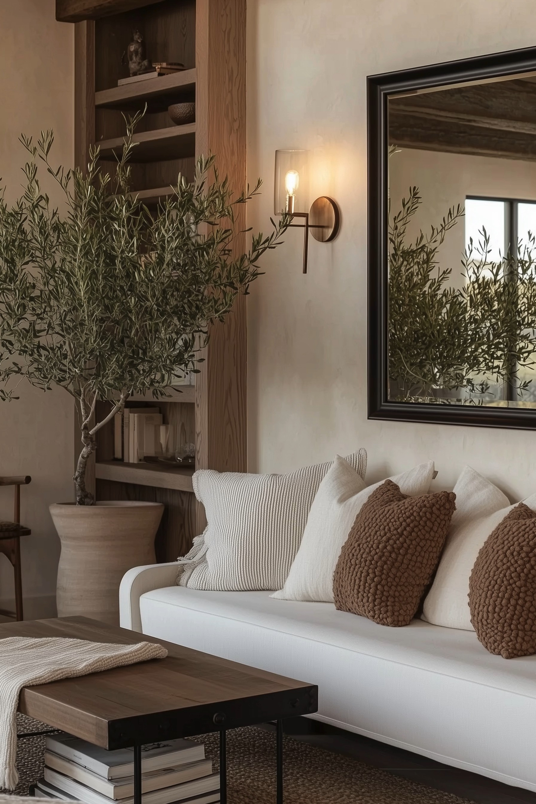 Textured Neutral Living Room — an organic modern space layered with a white bench-seat sofa, chunky knit throw pillows, natural jute rug, a live olive tree in a clay planter, warm oak built-ins, matte black mirror, brass wall sconce, and a rustic wood + iron coffee table. Airy, cozy, and earthy with California-casual vibes and timeless, modern traditional details. 🖤 If you want to see more content like this, FOLLOW maeveandmodern on LTK, Instagram, and Pinterest! Check out our blog where we post daily, maeveandmodern.com! neutral living room | organic modern decor | olive tree in planter | chunky knit pillows | white bench seat sofa | jute rug styling | wood and metal coffee table | built-in shelves | brass wall sconce | black mirror over sofa | california casual living room | earthy textures | warm neutral home | modern traditional style | cozy fall living room #LTKFindsUnder100

#LTKHome#LTKSaleAlert#LTKSeasonal