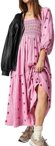 Women Floral Embroidered Maxi Dress Long Puff Sleeve Square Neck Bohemian Flowy Dress with Pocket... | Amazon (US)