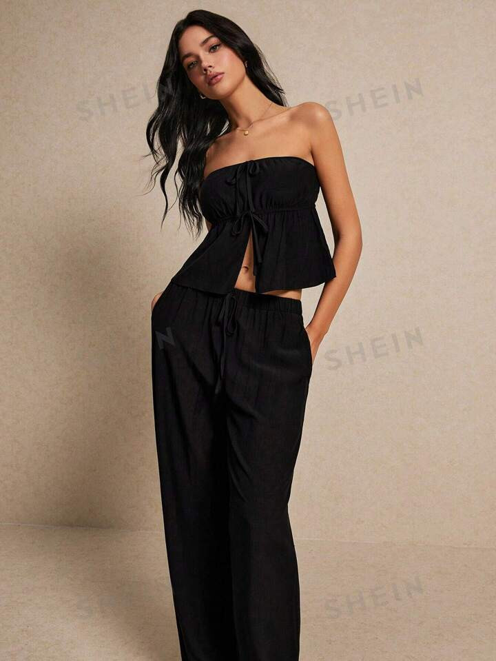 SHEIN Frenchy Summer  Black Fashion Linen Two-Piece Set, Chest Is Top Chest Slit Lacing + Wide Le... | SHEIN