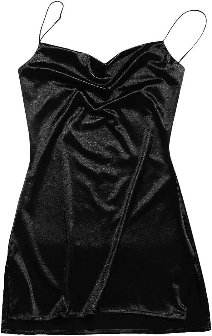 ZAFUL Women's Spaghetti Straps Side Slit Stain Cami Dress Solid Slip Dress | Amazon (US)