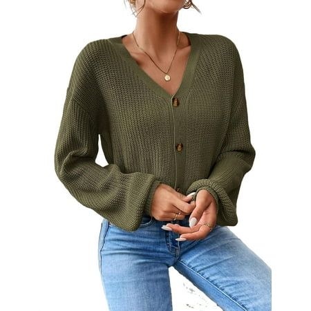 Casual Plain V neck Cardigan Long Sleeve Army Green Women Cardigans (Women s) | Walmart (US)