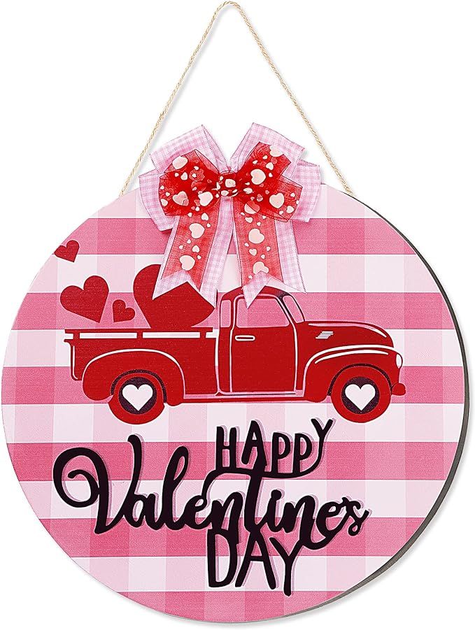 Sggvecsy Valentines Day Door Sign Front Door Hanging Sign Pink and White Buffalo Plaid Car Bowkno... | Amazon (US)