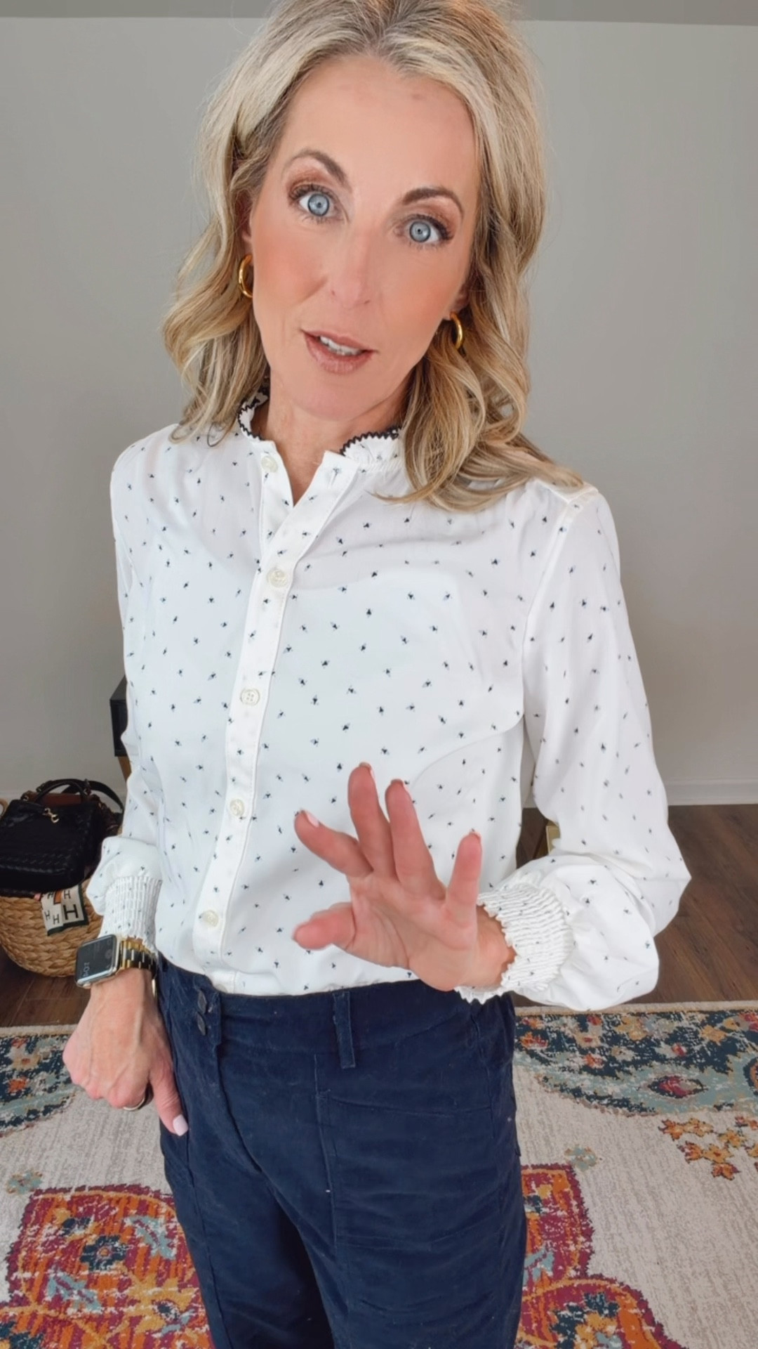 The website does not do this under $20 beautiful top justice! It’s a relaxed fit that you will just fall in love with I love the classic design of the button front with the ruffle collar and picot trim. It is truly your elevated basic button down. It comes in for color options wearing a size extra small.  Paired with Amazon cords and @Target flats  

#LTKdayinmylife #LTKgrwm #LTKootd