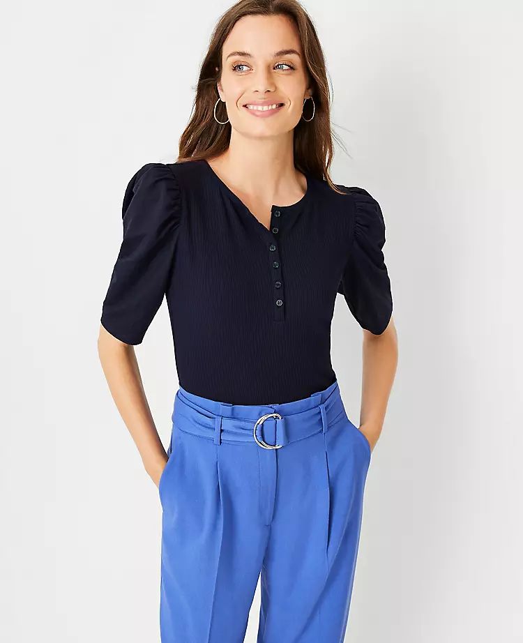 Ribbed Button Front Puff Sleeve Tee | Ann Taylor (US)