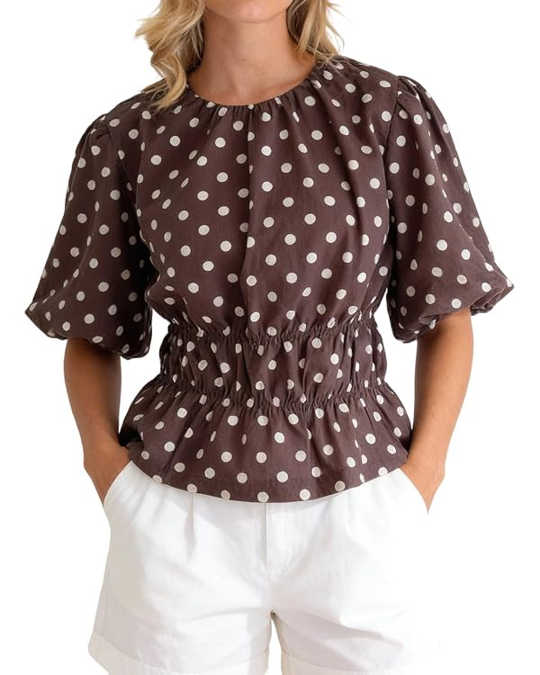 Women Y2K Polka Dot Peplum Tops Puff Short Sleeve Babydoll Blouse Smocked Cinched Waist Shirt Vin... | Amazon (UK)