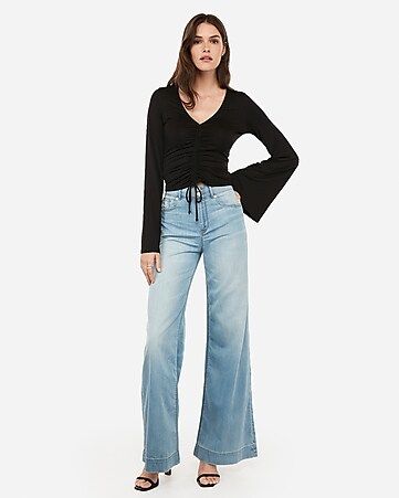 shirred front bell sleeve top | Express