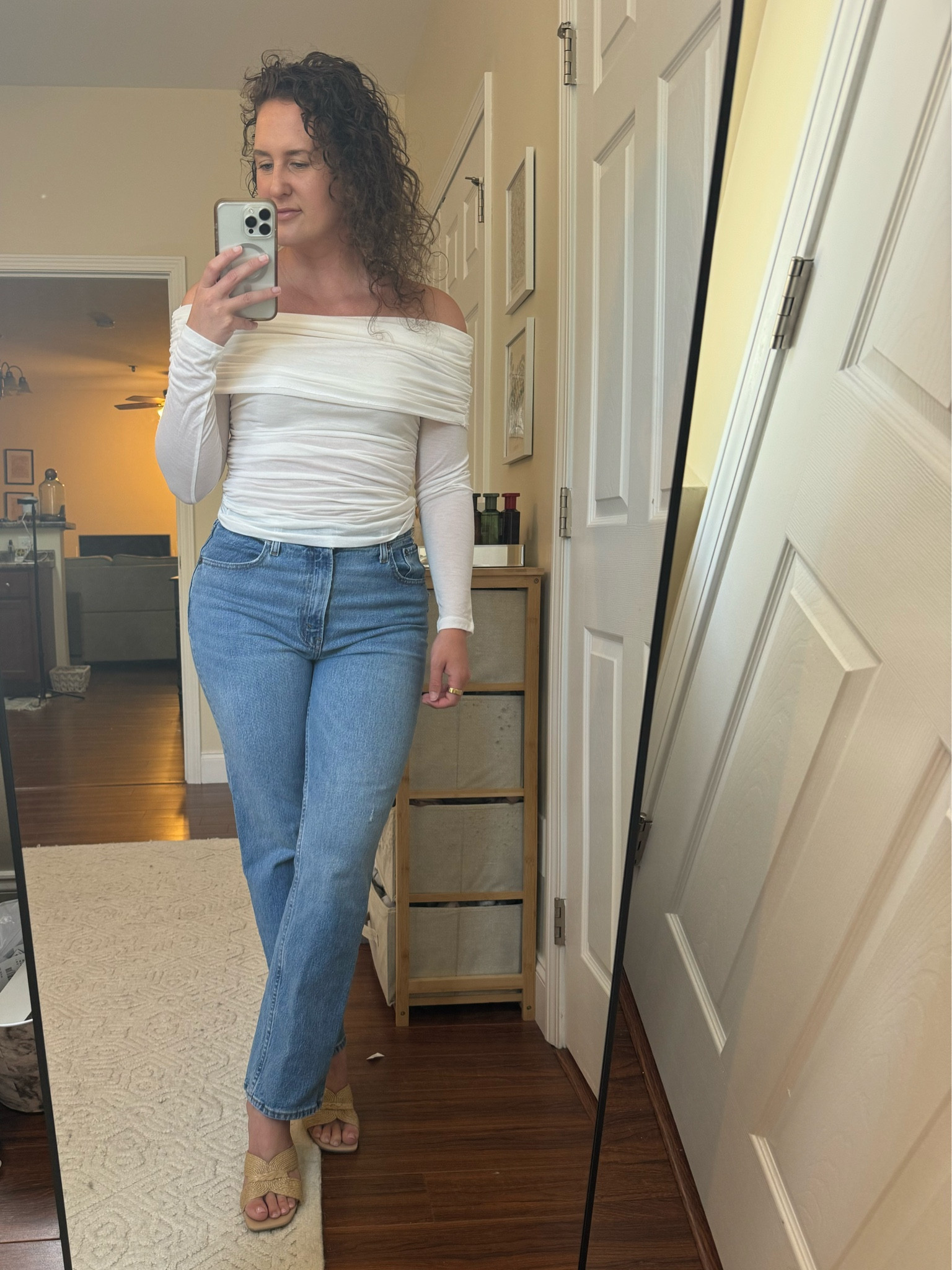 Off shoulder sheer shirt with ultra high rise 90s relaxed jeans and heels from target. Shirt is size M, jeans and heels are true to size. 

#denim #sale #dressfest #white #abercrombie #target 

#LTKStyleTip #LTKSaleAlert #LTKFindsUnder50