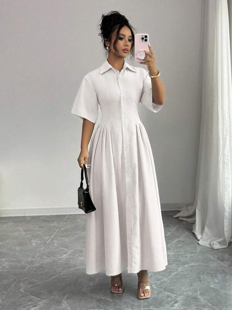 Elenzga Women's Short Sleeve Single-Breasted Peplum Striped Maxi Shirt Dress | SHEIN