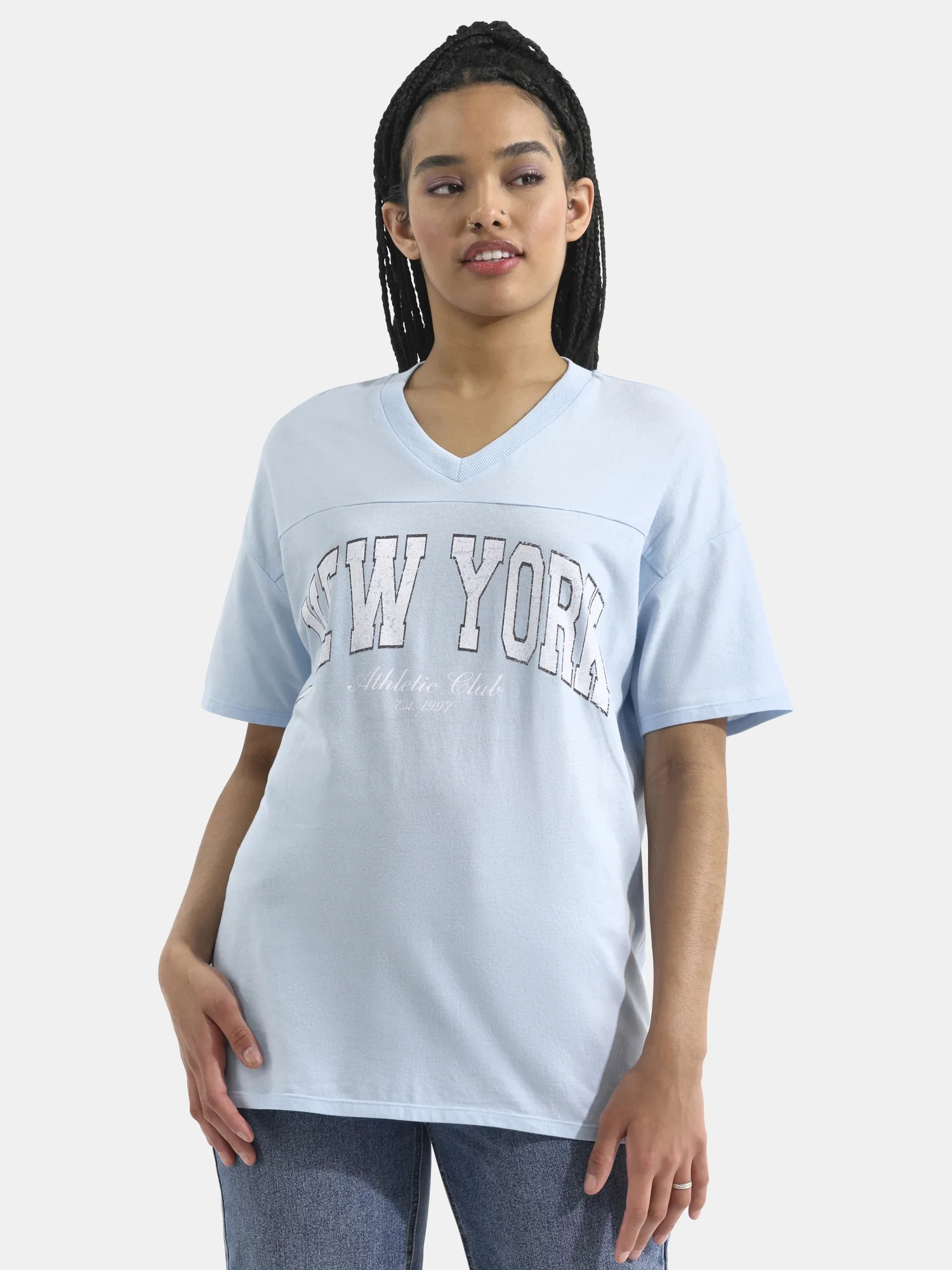 No Boundaries Oversized V Neck Graphic Tee with Short Sleeves, Women's | Walmart (US)