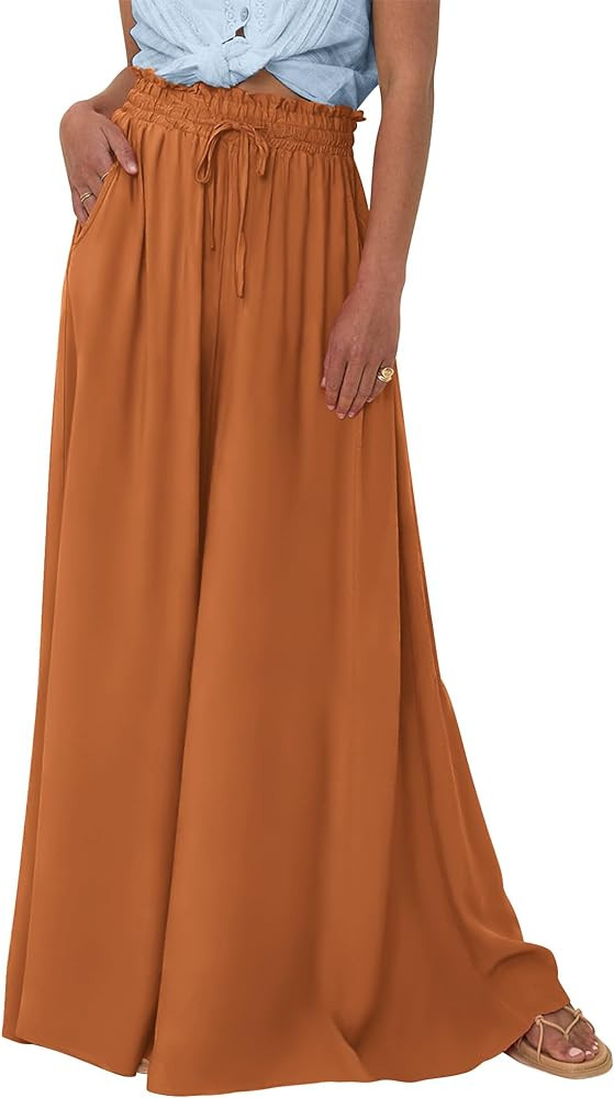 BTFBM Women Casual High Waist Wide Leg Pants Summer Floral Solid Long Palazzo Pants Lounge Beach ... | Amazon (US)