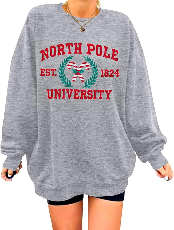 Christmas Sweatshirts for Women North Pole University Sweatshirt Oversized Christmas Embroidered ... | Amazon (US)