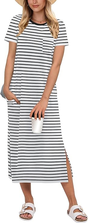 ANRABESS Womens Midi Dress,Summer Long Tshirts Dresses,Short Sleeve Split Stripe,Comfy Travel Bea... | Amazon (US)