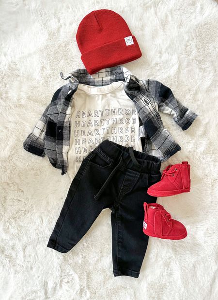 Baby boy Valentine’s Day look ♥️

•baby red beanie, Lou Lou and company, old navy black and white plaid button down, red Ugg boots, black skinny jeans, little bipsy jeans, heart throb tee shirt, little bows and arrows, baby fashion, infant style, boy mom 

#LTKkids #LTKSeasonal #LTKbaby