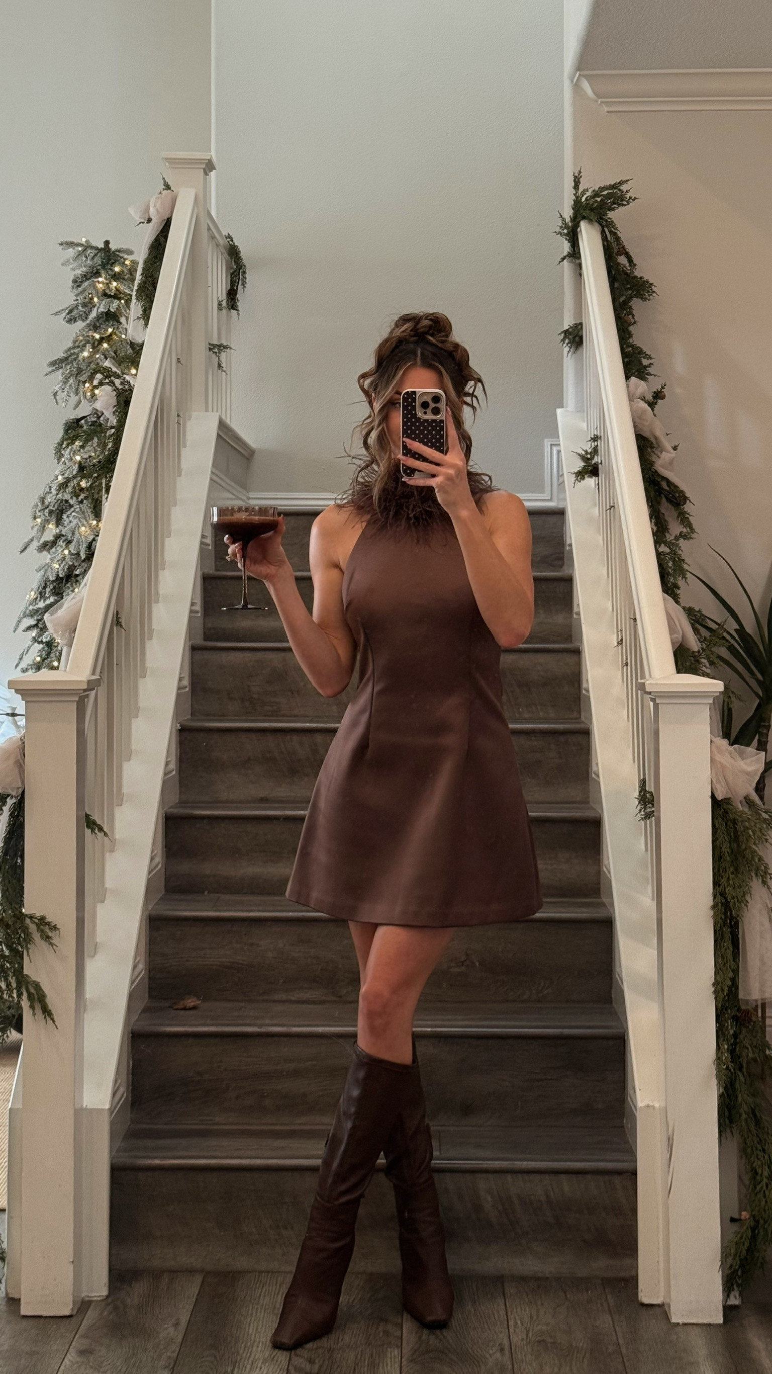 Loving this feather halter dress with my updo for a cute holiday look ✨ 

 #LTKHoliday #LTKgrwm #LTKootd