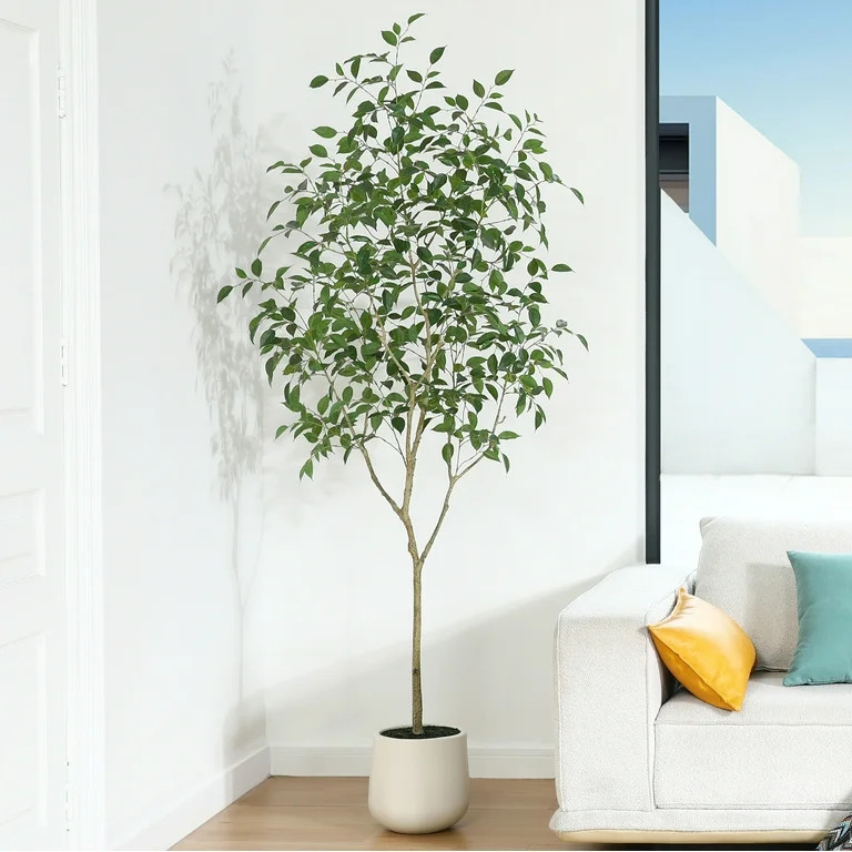 7ft Fake Ficus Tree with Oval White Planter, Pre Potted Faux Greenry Plant for Home Decor Office ... | Walmart (US)