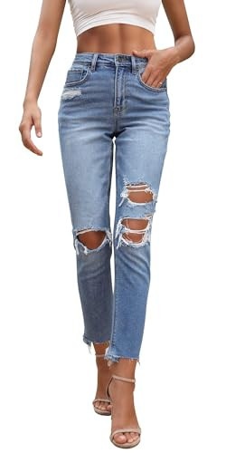 OFLUCK High Waisted Jeans for Women Blue Ripped Boyfriend Jean Trendy Stretchy Straight-Leg Ankle Distressed Denim Pants | Amazon (US)