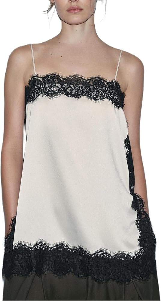 Satin Lace Tops for Women Silk Layering Cami Top Scalloped Lace Trim Slip Dress Asymmetric Patchw... | Amazon (US)