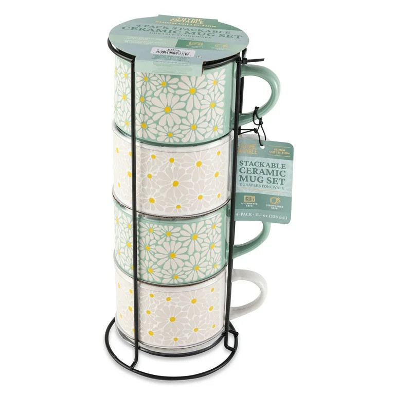 Thyme & Table White 4 Pack Stacking White and Green Floral Mugs 11.1 fl oz, Stoneware - Walmart.c... | Walmart (US)