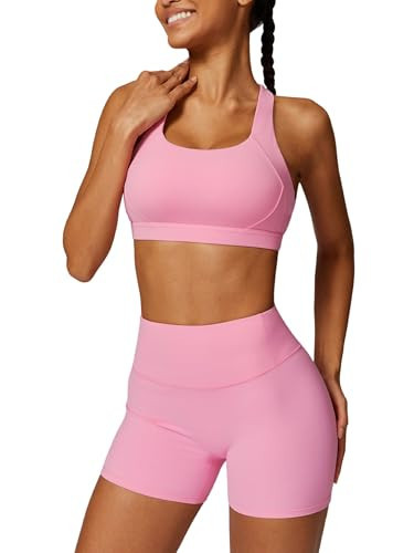 ABOCIW Workout Sets for Women 2 Piece Gym Yoga Outfits Cross Back Sports Bra High Waist Biker Shorts Gym Sets Active Tracksuit Pink Large | Amazon (US)