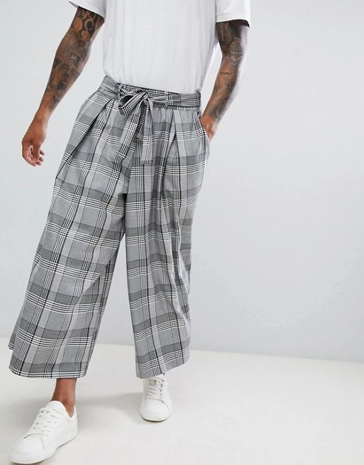 ASOS DESIGN wide trousers in grey check with tie waist | ASOS UK