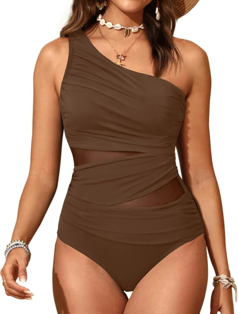 Aqua Eve Women Mesh One Piece Swimsuit - Tummy Control One Shoulder Bathing Suit Cut Out Swimwear... | Amazon (US)
