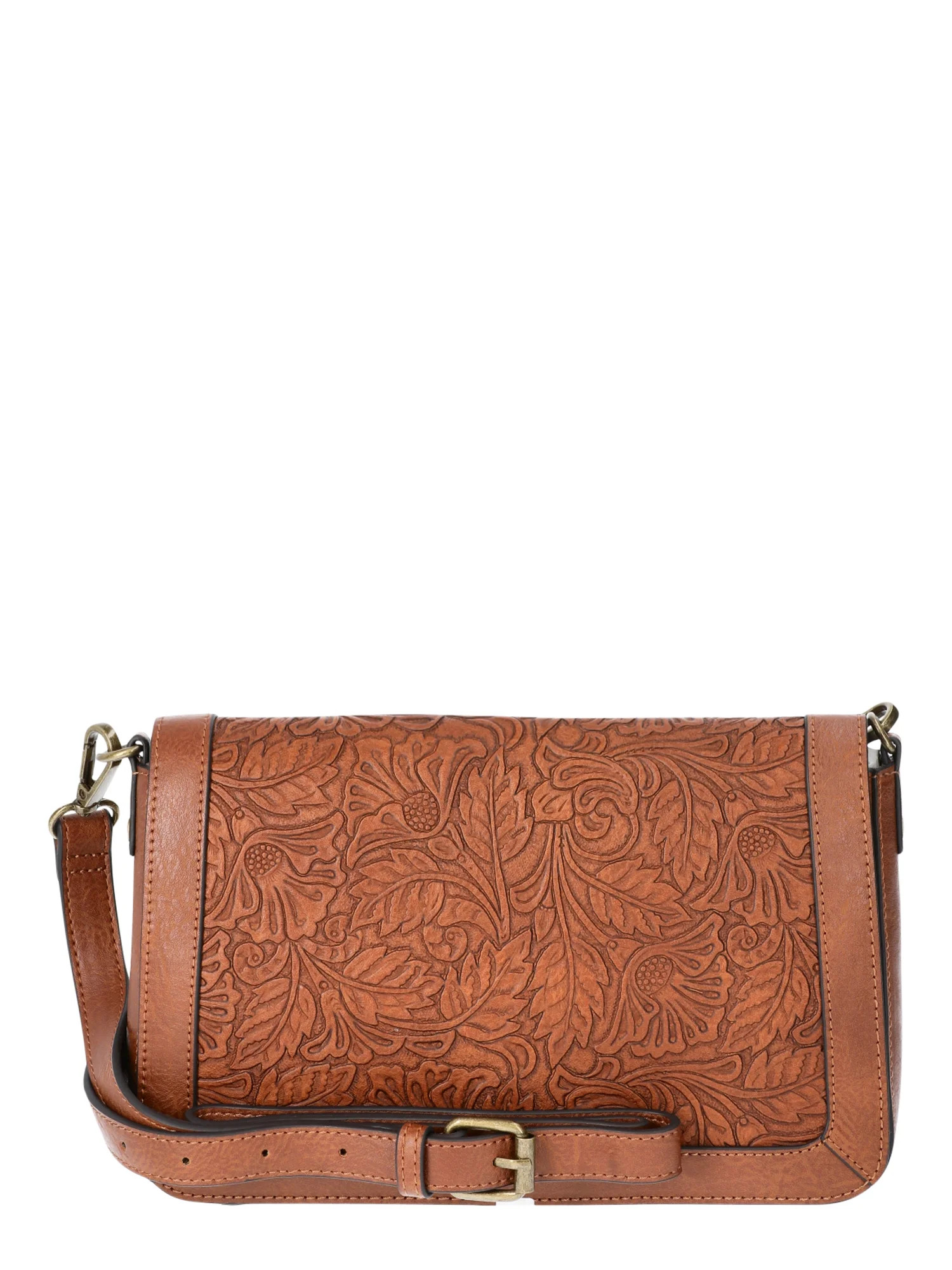 The Pioneer Woman Faux Leather Tooled Flap Crossbody Bag, Cognac | Walmart (US)