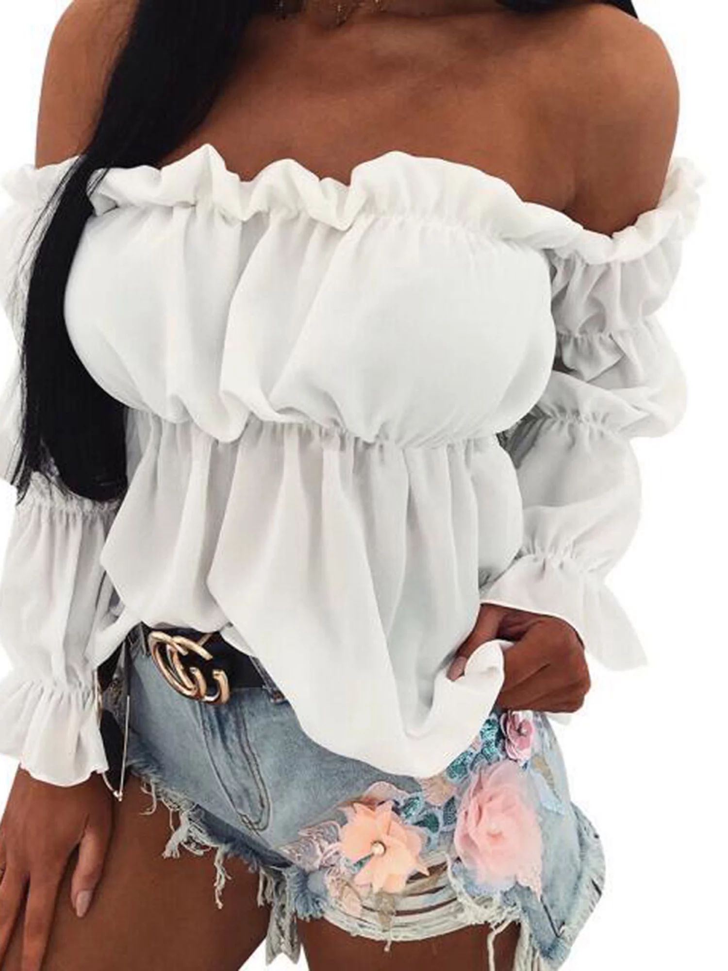 Aunavey Women's Off Shoulder Long Sleeve Shirt Ruffle Trim Blouses Top | Walmart (US)
