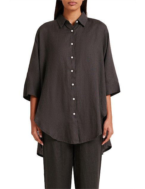 Nude Lucy Lounge Linen Longline Crop Sleeve Shirt | David Jones | David Jones (Australia & New Zealand)