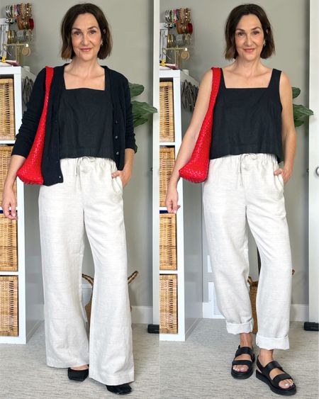 Spring outfit, morning to afternoon, linen edition!
I’m 5’ 7” wearing my usual S in both the linen top and drawstring pants, both come in several colors and are great summer staples. Also linked several similar linen pants that are more affordable .
I cuffed the pants by folding them inward first and then folded up twice and used my fave micro stitch tool to secure the cuff.
Cardigan fits tts, I sized up to M for more sleeve length, ballet flats and sandals fit tts. My sandals are fairly pricy (amazing fit and quality) so I also linked similar.
The red bag is such a fun pop of color, I have this bag in a few colors, it’s nice quality and has held up great.


#LTKOver40 #LTKShoeCrush #LTKStyleTip