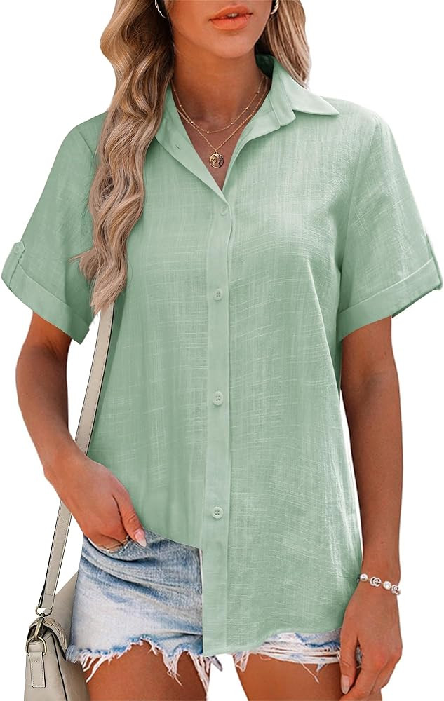 HOTOUCH Linen Button Down Shirt Women Cotton Short Sleeve Blouses V Neck Collared Button Up Summe... | Amazon (US)